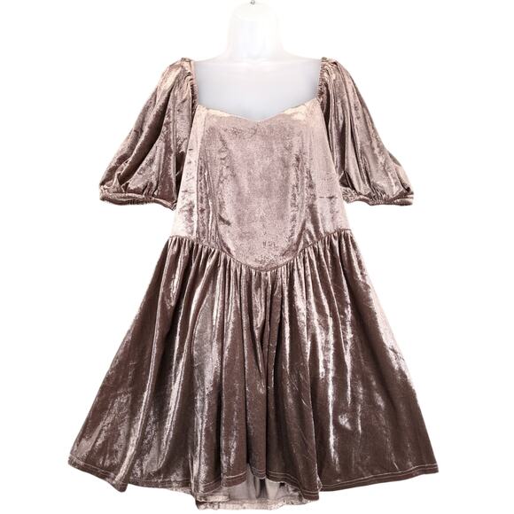 Arula Plus Size 0X Brown Velvet Dress, Short Puff Sleeves Sweetheart Neck Y2K - Picture 1 of 6